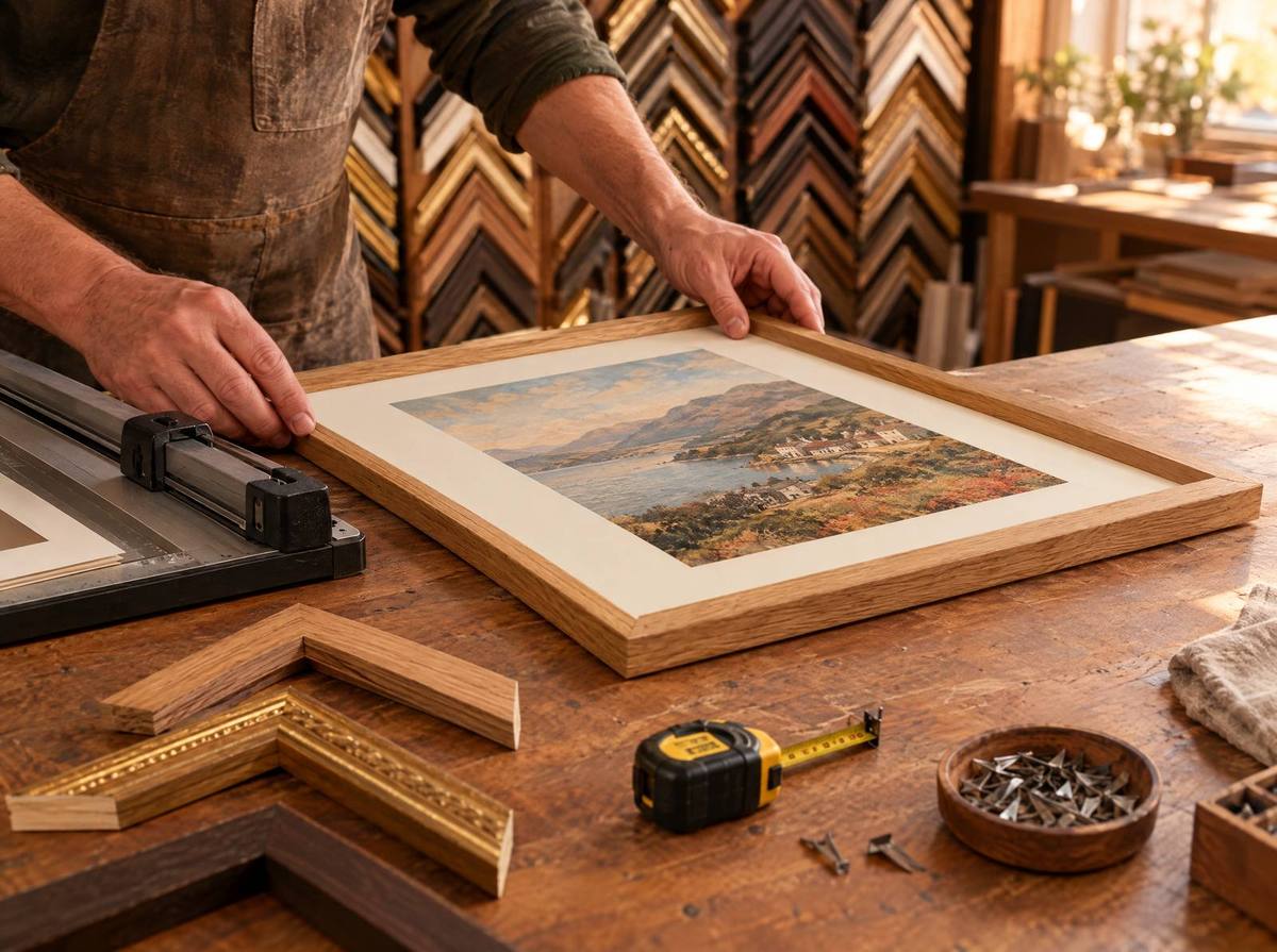 A framer fitting an oak frame around a print at the GN PIX bench