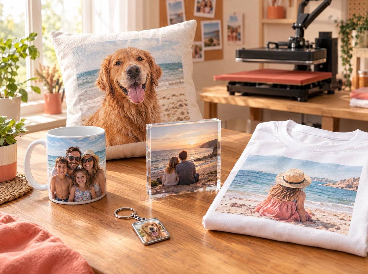 A personalised photo mug, cushion, acrylic block and t-shirt made at GN PIX