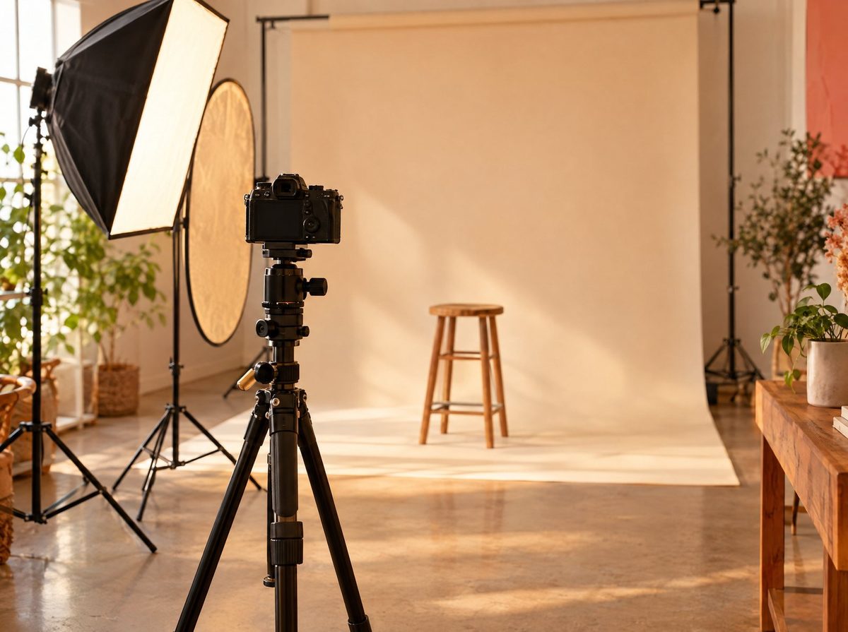 The GN PIX portrait studio in Kitchener, camera on a tripod facing a cream backdrop